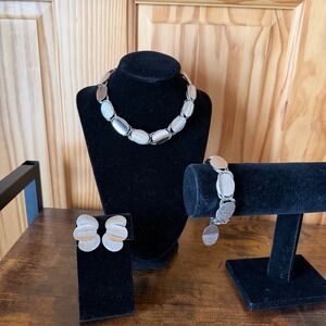 Vtg MCM Silver Tone Jewelry Set Necklace, Bracelet, Earrings Quality Mod Parure